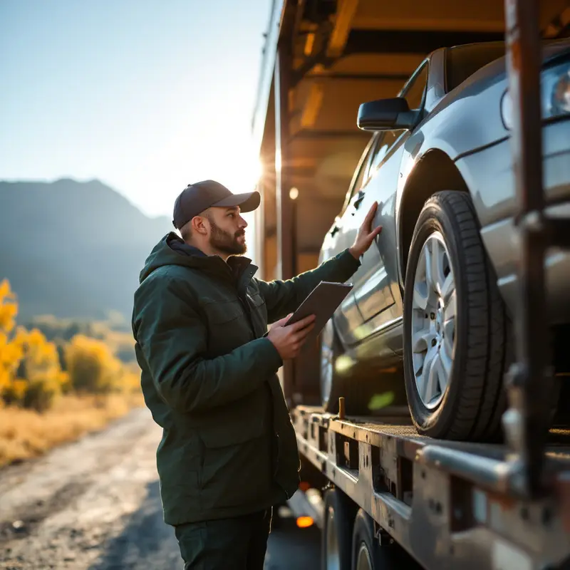 Technician securing car on open trailer
