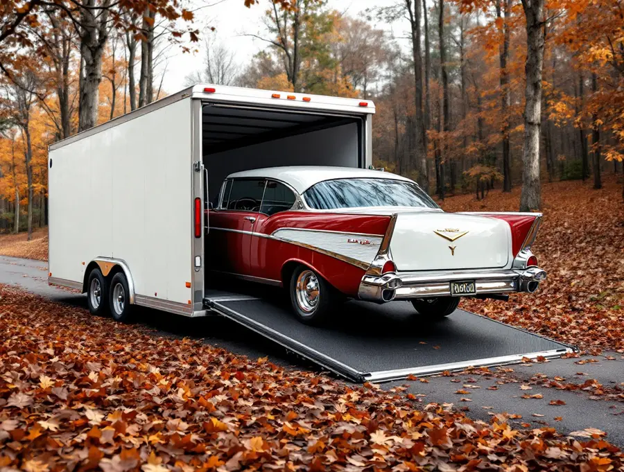 vintage car loaded in enclosed trailer