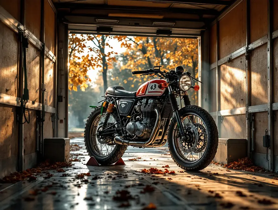 motorcycle secured on transport trailer