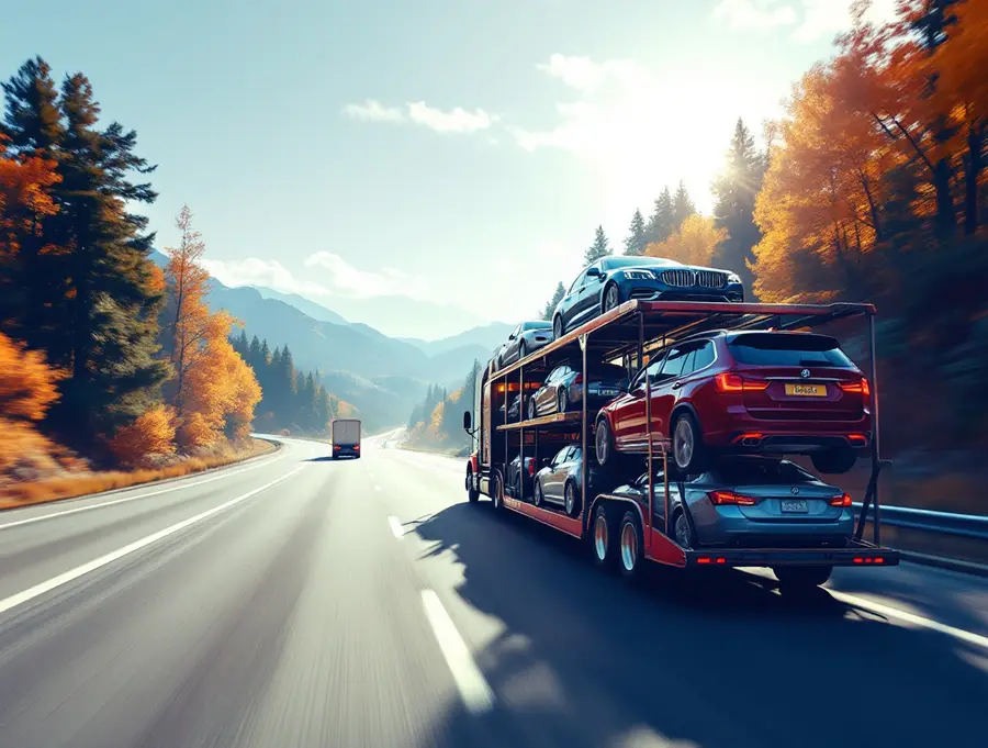 Open trailer loaded with cars on a highway